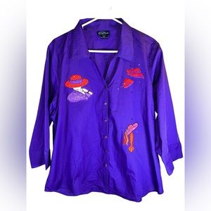 Red Hat Society Shirt Womens Embroidered Button Down Rhinestones Purple. XL